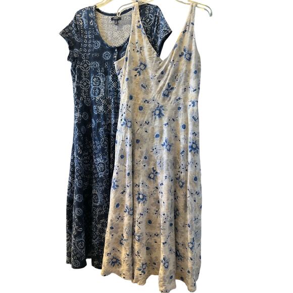 Chaps Cotton Dress Lot 2 Sz XL Blue White Floral Boho Cottage Comfy Travel FLAWS - Picture 1 of 16